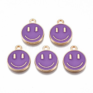 Alloy Enamel Charms, Cadmium Free & Lead Free, Smiling Face, Light Gold, Dark Orchid, 14.5x12x1.5mm, Hole: 1.5mm(X-ENAM-S121-165D-RS)