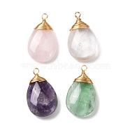 Natural Mixed Stone Pendants, with Real 18K Gold Plated Eco-Friendly Copper Wire, Teardrop, 42~44x25x10mm, Hole: 3.5~4.5mm(PALLOY-JF01005)