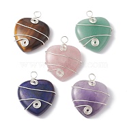 Natural Mixed Stone Copper Wire Wrapped Pendants, Heart Charms, Long-Lasting Plated, Silver Color Plated, 37.5~39.5x31~32x9.5mm, Hole: 4mm(PALLOY-JF02148)