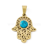 Synthetic Turquoise Pendants, Hamsa Hand/Hand of Miriam Charms, Religion, with Vacuum Plating 304 Stainless Steel Findings, Golden, 25x20x3mm, Hole: 7.5x4mm(STAS-P315-11G)
