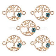 Alloy Connector Charms with Steel Blue Enamel, Flat Round Tree Links with Evil Eye, Nickel, Light Gold, 15.5x23x1.5mm, Hole: 1.8mm(FIND-YW0003-54)