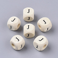 Printed Natural Wood Beads, Horizontal Hole, Cube with Initial Letter, PapayaWhip, Letter.J, 10x10x10mm, Hole: 3.5mm, about 1000pcs/500g(WOOD-T026-001J)
