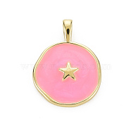 Brass Enamel Pendants, Cadmium Free & Nickel Free & Lead Free, Real 16K Gold Plated, Flat Round with Star, Hot Pink, 20.5x15.5x4.5mm, Hole: 2.5x3mm(KK-Q283-057D-NR)