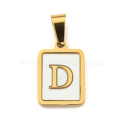 PVD Vacuum Plating 304 Stainless Steel Pave Natural White Shell Pendants, Rectangle with Letter Charms, Golden, Letter D, 17.5x12x1.5mm, Hole: 6x3mm(STAS-S130-03G-D)