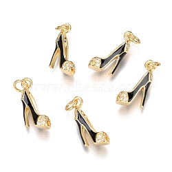 Brass Micro Pave Clear Cubic Zirconia Stilettos Pendants, Long-Lasting Plated, with Jump Rings and Enamel, High-heeled Shoes, Real 18K Gold Plated, Black, 16.2x5.5x8.8mm, Hole: 3mm, jump ring: 5x0.9mm(ZIRC-B002-35G-C)