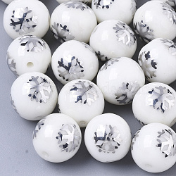 Christmas Opaque Glass Beads, Round with Electroplate Snowflake Pattern, Platinum Plated, 10mm, Hole: 1.2mm(EGLA-R113-01B)