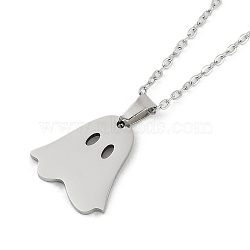 Halloween Series 202 Stainless Steel Cable Chain Ghost Pendant Necklaces, Stainless Steel Color, 15.94~17.91 inch(40.3~45.5cm)(NJEW-S005-01P-C)