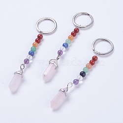 Natural Rose Quartz Chakra Pointed Keychain, with Mixed Stone and Platinum Plated Brass Key Findings, Bullet, 108~112mm, Ring: 24x2mm, Bead: 6~7mm, Pendant: 35~39x13x9mm(KEYC-P040-D06)