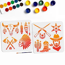 US 1 Set Western Cowboy Theme PET Hollow Out Drawing Painting Stencils, with 1Pc Art Paint Brushes, for DIY Scrapbook, Photo Album, Mixed Shapes, 300x300mm, 2pcs/set(DIY-MA0003-39)