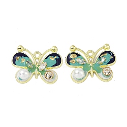 Rack Plating Alloy Enamel Pendants, with Resin, ABS Imitation Pearl Beads, Rhinestone and Glass Beads, Cadmium Free & Nickel Free & Lead Free, Butterfly, Blue, 29x37.5x8mm, Hole: 2.5mm(FIND-I038-13F)