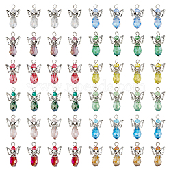 48Pcs 12 Color Electroplate Glass Pendants, Faceted Angel Charms, with Platinum Tone Iron Loops, Mixed Color, 30x18x10mm, Hole: 4mm, 4Pcs/color(PALLOY-AB00111)