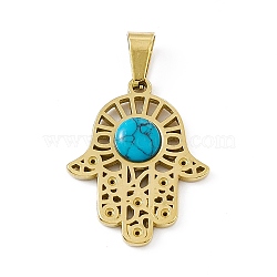 Synthetic Turquoise Pendants, Hamsa Hand/Hand of Miriam Charms, Religion, with PVD Vacuum Plating 304 Stainless Steel Findings, Golden, 25x20x3mm, Hole: 7.5x4mm(STAS-P315-11G)