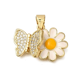 Rack Plating Brass Micro Pave Cubic Zirconia Pendants, with Enamel, Long-Lasting Plated, Lead Free & Cadmium Free, Flower with Butterfly Charms, with Jump Ring, Real 18K Gold Plated, 14.5x20.5x6mm, Hole: 4x3mm(ZIRC-F142-26G)