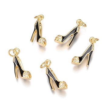 Brass Micro Pave Clear Cubic Zirconia Stilettos Pendants, Long-Lasting Plated, with Jump Rings and Enamel, High-heeled Shoes, Real 18K Gold Plated, Black, 16.2x5.5x8.8mm, Hole: 3mm, jump ring: 5x0.9mm
