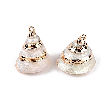 Natural Sea Shell Pendants, Shell Shaped Charms with Golden Tone Iron Loops, White, 20~29x18~29x19~27mm, Hole: 1.4~2mm