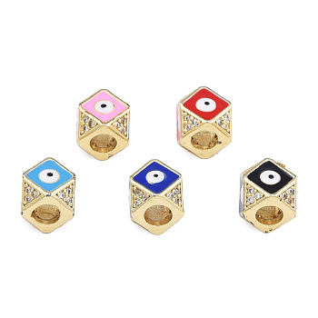 Brass Micro Pave Clear Cubic Zirconia Beads, with Enamel, Real 18K Gold Plated, Octagon with Evil Eye, Nickel Free, Mixed Color, 11x11x8.5mm, Hole: 4mm