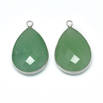 Natural Green Aventurine Pendants, with Brass Findings, Faceted, teardrop, Platinum, 29~31x19x6~7mm, Hole: 2mm