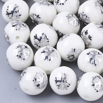 Christmas Opaque Glass Beads, Round with Electroplate Snowflake Pattern, Platinum Plated, 10mm, Hole: 1.2mm