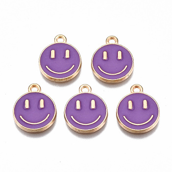 Alloy Enamel Charms, Cadmium Free & Lead Free, Smiling Face, Light Gold, Dark Orchid, 14.5x12x1.5mm, Hole: 1.5mm