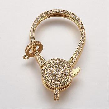 Brass Micro Pave Cubic Zirconia Lobster Claw Clasps, Golden, 39x23x7mm, Hole: 2.5mm