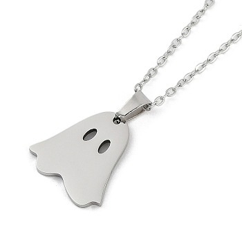 Halloween Series 202 Stainless Steel Cable Chain Ghost Pendant Necklaces, Stainless Steel Color, 15.94~17.91 inch(40.3~45.5cm)