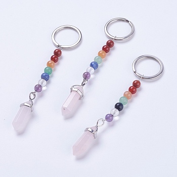 Natural Rose Quartz Chakra Pointed Keychain, with Mixed Stone and Platinum Plated Brass Key Findings, Bullet, 108~112mm, Ring: 24x2mm, Bead: 6~7mm, Pendant: 35~39x13x9mm