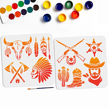 US 1 Set Western Cowboy Theme PET Hollow Out Drawing Painting Stencils, with 1Pc Art Paint Brushes, for DIY Scrapbook, Photo Album, Mixed Shapes, 300x300mm, 2pcs/set