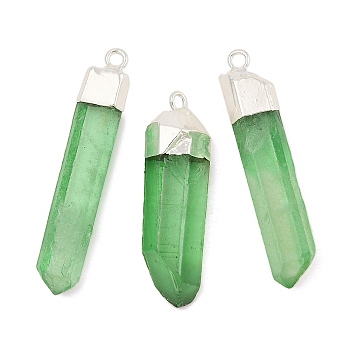 Natural Quartz Crystal Pointed Pendants, Bullet Shape, Dyed, with Platinum Brass Finding, Light Green, 35~53x7~13x5.5~10mm, Hole: 2.5mm