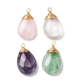 Natural Mixed Stone Pendants, with Real 18K Gold Plated Eco-Friendly Copper Wire, Teardrop, 42~44x25x10mm, Hole: 3.5~4.5mm