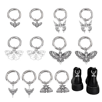 12Pcs 6 Styles Butterfly Alloy Shoes Charms, with Alloy Spring Gate Rings, Antique Silver & Platinum, 41~54mm, 2pcs/style