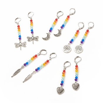 Natural Malaysia Jade with Alloy Charm Long Dangle Leverback Earrings, 7 Chakra Gemstone Jewelry for Women, Antique Silver, 67.5~80mm, Pin: 0.6mm