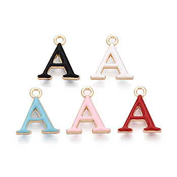 Rack Plating Alloy Enamel Pendants, Letter Charms, Cadmium Free & Nickel Free & Lead Free, Golden, Letter A, 15.5~19.5x5.5~16.5x2.5mm, Hole: 1.8~2mm
