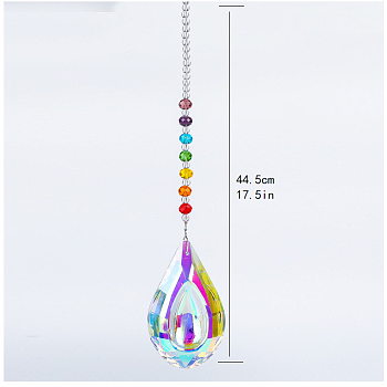 Chakra Theme K9 Crystal Glass Big Pendant Decorations, Hanging Sun Catchers, Teardrop, Colorful, 44.5cm