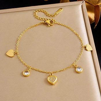 304 Stainless Steel Micro Pave Clear Cubic Zirconia Charm Bracelets, Cable Chain Bracelets for Women, Golden, Heart, 6.81 inch(17.3cm)