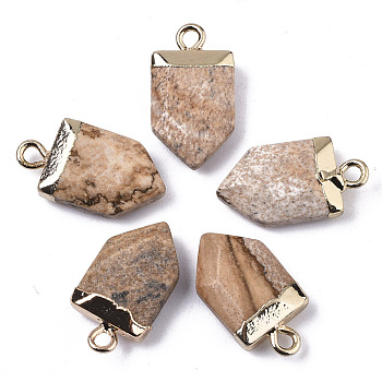 Natural Picture Jasper Pointed Pendants, with Light Gold Plated Top and Brass Loop, Arrow, Faceted, 19x10.5x4.5mm, Hole: 1.8mm