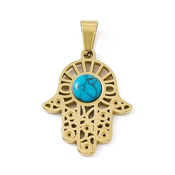 Synthetic Turquoise Pendants, Hamsa Hand/Hand of Miriam Charms, Religion, with Vacuum Plating 304 Stainless Steel Findings, Golden, 25x20x3mm, Hole: 7.5x4mm