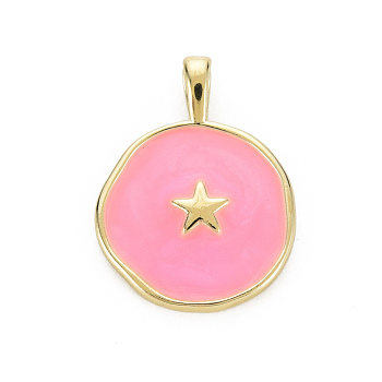 Brass Enamel Pendants, Cadmium Free & Nickel Free & Lead Free, Real 16K Gold Plated, Flat Round with Star, Hot Pink, 20.5x15.5x4.5mm, Hole: 2.5x3mm