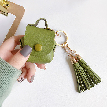 Imitation Leather Wireless Earbud Carrying Case, Earphone Storage Pouch, with Keychain & Tassel, Handbag Shape, Yellow Green, 135mm