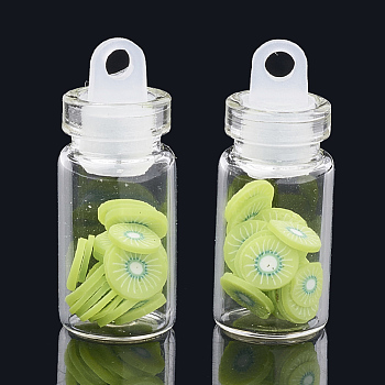Handmade Polymer Clay Nail Art Decoration Accessories, with Glass Wishing Bottle and CCB Plastic Bottle Stopper, Kiwi Fruit, Green Yellow, 4~8x4~8x0.1~2mm, about bottle: 27.5x11mm, hole: 3mm