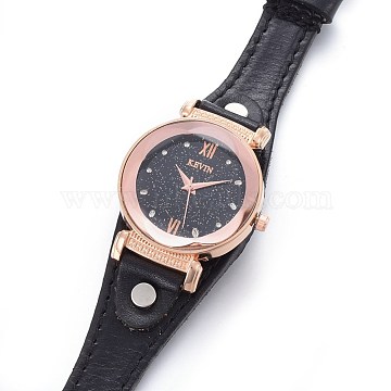 Wristwatch, Quartz Watch, Alloy Watch Head and PU Leather Strap, Black, 9-1/8 inches~9-1/2 inches(23.1~24.2cm), 13~14x2.5~3mm, Watch Head: 34x37x13mm(WACH-I017-12A)