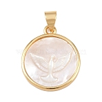 Natural White Shell Flat Round Pendants, with Brass Settings, Real 18K Gold Plated, Long-Lasting Plated, Cadmium Free & Lead Free, Rack Plating, Pigeon, 19.5~20x17x3~3.5mm, Hole: 4.5x3.5mm(KK-F919-42A-G)
