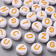 Opaque White Acrylic Beads, with Enamel, Horizontal Hole, Flat Round with Random Initial Letter, Orange, 9.5x4.5mm, Hole: 2mm, about 537pcs/170g(SACR-T338-12B)