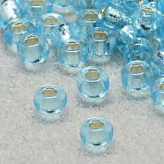 8/0 Grade A Round Glass Seed Beads, Silver Lined, Light Sky Blue, 8/0, 3x2mm, Hole: 1mm, about 10000pcs/pound(SEED-Q007-3mm-F47)