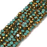 Electroplate Glass Beads Strands, Opaque Solid Color, Half Golden Plated, Faceted, Flat Round, Medium Aquamarine, 4~4.5x3mm, Hole: 1mm, about 71~75pcs/strand, 10''~10.43''(25.4~26.5cm)(EGLA-P061-01A-09)