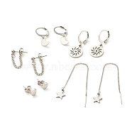 5Pcs 5 Style 201 & 304 Stainless Steel Earrings Sets, Moon and Sun Dangle Leverback Earrings, Chains Drop & Heart Stud Earrings, Star Ear Thread, Stainless Steel Color, 6~83mm, Pin: 0.6mm, 1 Pair/style(EJEW-JE04939)