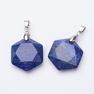 Faceted Natural Lapis Lazuli Pendants, with Platinum Tone Brass Findings, Hexagon, 28x25x9mm, Hole: 4x5mm(X-G-F340-03B)