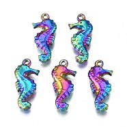 Rainbow Color 304 Stainless Steel Pendant Rhinestone Settings, Cadmium Free & Nickel Free & Lead Free, Sea Horse, Fit For 0.5mm and 0.6mm Rhinestone, 20x9.5x3mm, Hole: 1.2~1.4mm(STAS-S119-075)