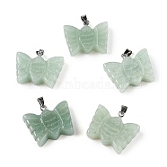 Natural Green Aventurine Carved Butterfly Pendants, Insect Charms with Platinum Plated Metal Snap on Bails, 19~20x24~25.5x6.5~7mm, clasp: 6.5x3x3.5~4mm(G-N342-01E)