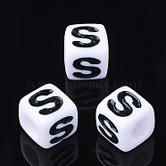 Acrylic Horizontal Hole Letter Beads, Cube, Letter S, White, Size: about 7mm wide, 7mm long, 7mm high, hole: 3.5mm, about 200pcs/50g(X-PL37C9129-S)