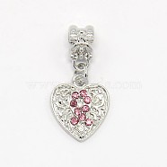 Platinum Plated Alloy Rhinestone European Dangle Charms, Heart Pendant with Breast Cancer Sign, Rose, 28x14x2mm, Hole: 5mm(MPDL-L009-01C)